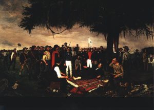 The Surrender of Santa Anna, William Henry Huddle (1886), on display in the Texas State Capitol. Deaf Smith cups his ear, on right.