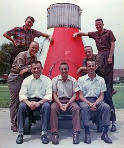 The Mercury Seven astronauts. Front row, left to right: Deke Slayton, Gus Grissom, and Alan Shepard. Second row: John Glenn and Scott Carpenter. Third row: Wally Schirra and Gordo Cooper (NASA photo)